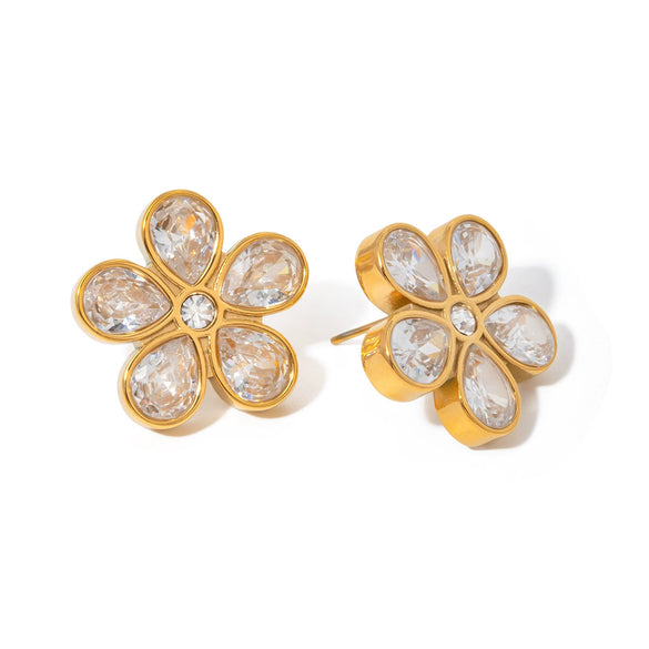 Wholesale French Retro Style Stainless Steel Flowershaped Zircon Earrings With Electroplating For Women