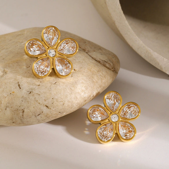 Wholesale French Retro Style Stainless Steel Flowershaped Zircon Earrings With Electroplating For Women