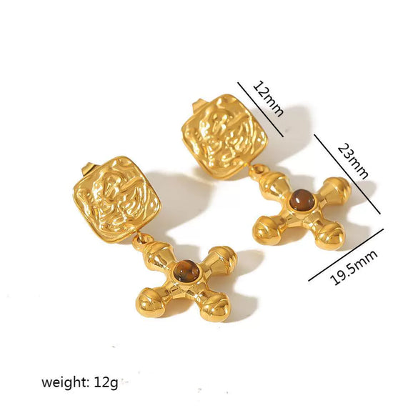 Wholesale French Retro Style Stainless Steel Geometric Cross Pendant Earrings With Natural Stone And Electroplating Treatment For Women
