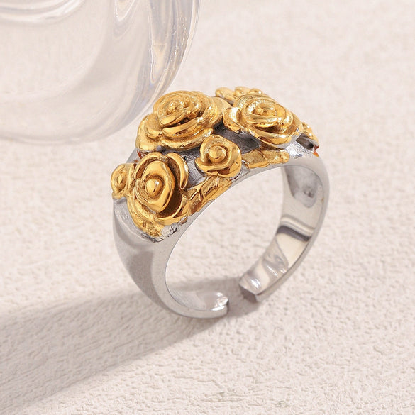 Wholesale French Retro Style Stainless Steel 18K Gold Plated Open Ring With Large And Small Flower Geometric Design Electroplated