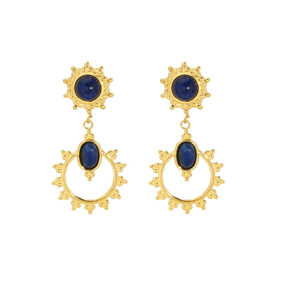 Wholesale French Retro Temperament Women's Earrings Stainless Steel With Mosaic Lapis Lazuli And Geometric Pattern Pvd Furnace Real Gold Process