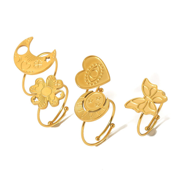 Wholesale French Retro Titanium Steel Women's Ring With Star Heart And Flower Patterns Electroplated
