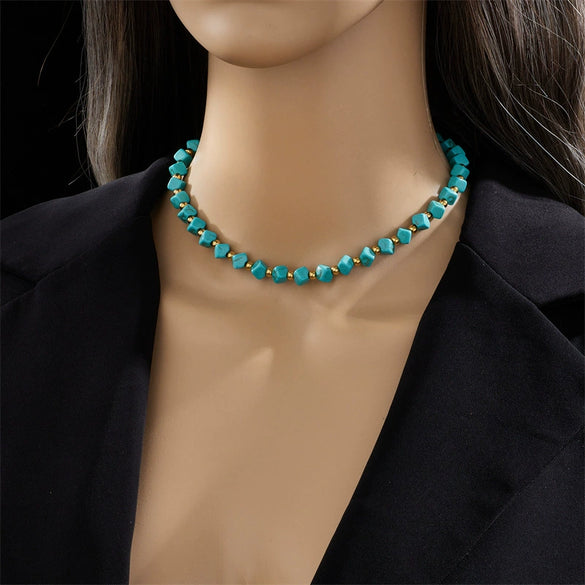 Wholesale French Retro Turquoise Beaded Titanium Steel Necklace For Women With Geometric Pattern And Electroplating