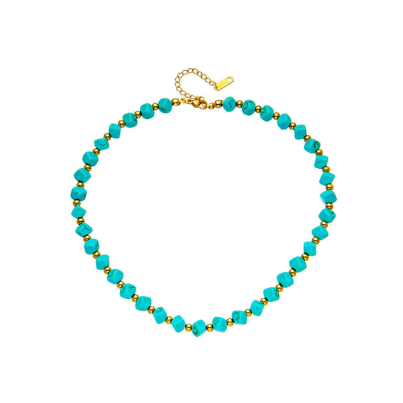 Wholesale French Retro Turquoise Beaded Titanium Steel Necklace For Women With Geometric Pattern And Electroplating
