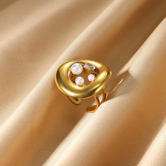 Wholesale French Retro Women's Open Ring Irregular Stainless Steel And Imitation Pearl Geometric Round Hollow Inlaid Electroplated