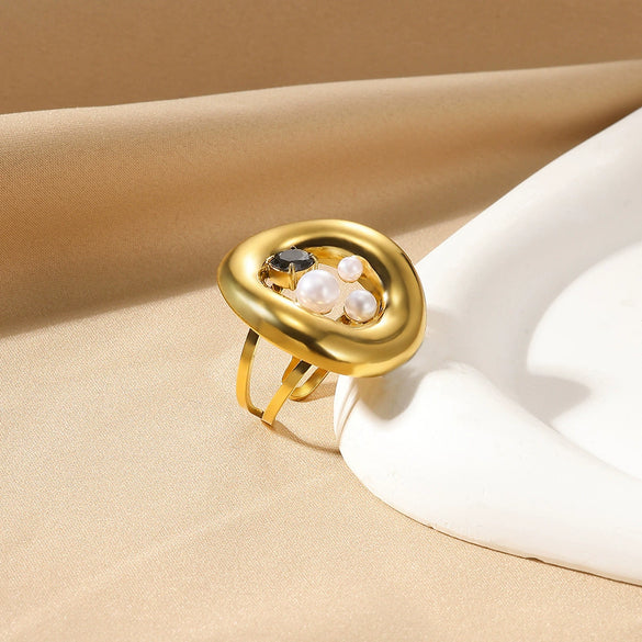Wholesale French Retro Women's Open Ring Irregular Stainless Steel And Imitation Pearl Geometric Round Hollow Inlaid Electroplated