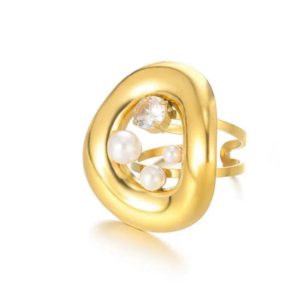 Wholesale French Retro Women's Open Ring Irregular Stainless Steel And Imitation Pearl Geometric Round Hollow Inlaid Electroplated