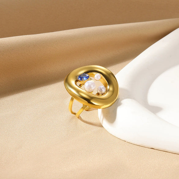 Wholesale French Retro Women's Open Ring Irregular Stainless Steel And Imitation Pearl Geometric Round Hollow Inlaid Electroplated