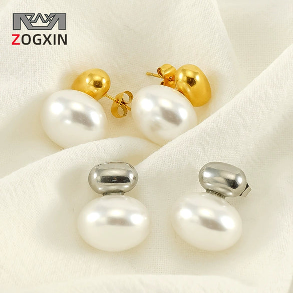 Wholesale French Retro Women's Titanium Steel And 18K Pearl Earrings With Geometric Design And Electroplating Treatment