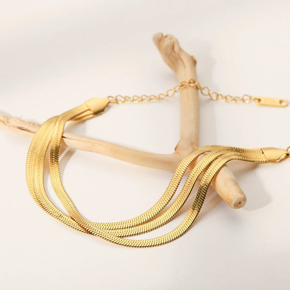 Wholesale French Retro Women's Titanium Steel Geometric Three Layer Snake Bone Bracelet With 18K Gold Electroplating