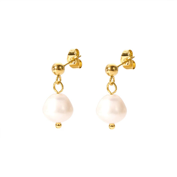 Wholesale French Vintage All Match Natural Freshwater Pearl Earrings For Women Made Of Titanium Steel With Pvdp Furnace Real Gold Treatment Geometric Design