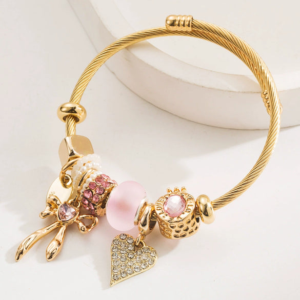 Wholesale Fresh Allmatch Adjustable Diamond Inlaid Alloy Bow And Heart Pattern Bracelet For Unisex