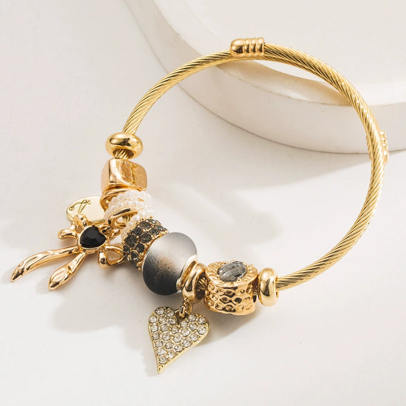Wholesale Fresh Allmatch Adjustable Diamond Inlaid Alloy Bow And Heart Pattern Bracelet For Unisex