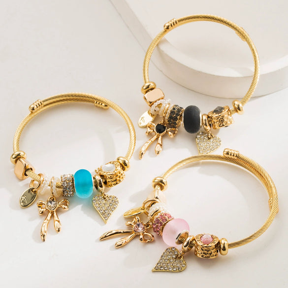 Wholesale Fresh Allmatch Adjustable Diamond Inlaid Alloy Bow And Heart Pattern Bracelet For Unisex