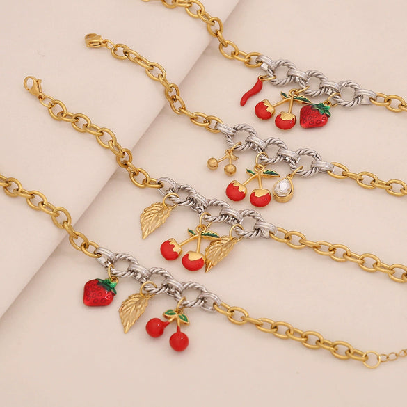Wholesale Fresh Garden Style Fruit Shaped Stainless Steel Chain Bracelet With Dripping Oil Processing
