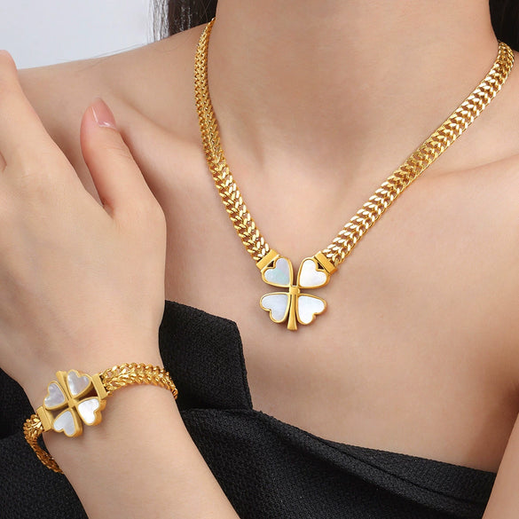 Wholesale Fresh Pastoral Style Creative Titanium Steel Set With Clover Flower Pattern Bracelet Necklace Ear Studs Electroplated