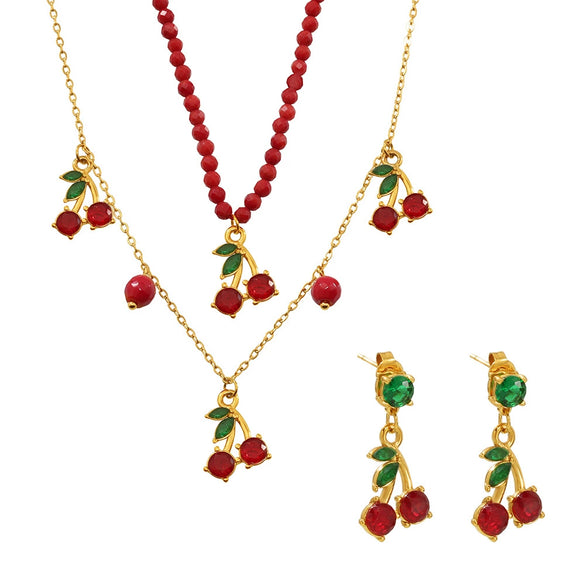 Wholesale Fresh Sweet Red Cherry Fruit Shaped Natural Stone Beaded Necklace And Glass Stone Earrings With Stainless Steel And Zircon Electroplated For Women Light Luxury Style