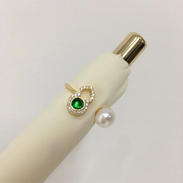 Wholesale Freshwater Pearl And Green Agate Gourd Ring With Copper Material And Electroplating In Fashion Style For Women