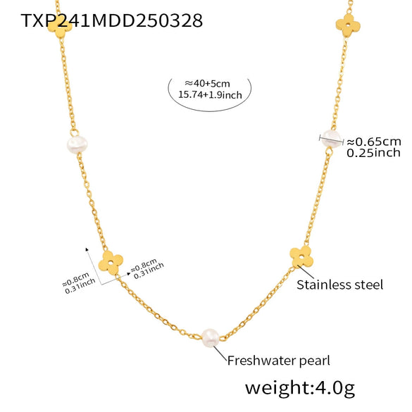 Wholesale Freshwater Pearl And 316L Stainless Steel Flower Chain Necklace And Bracelet With Electroplating Design