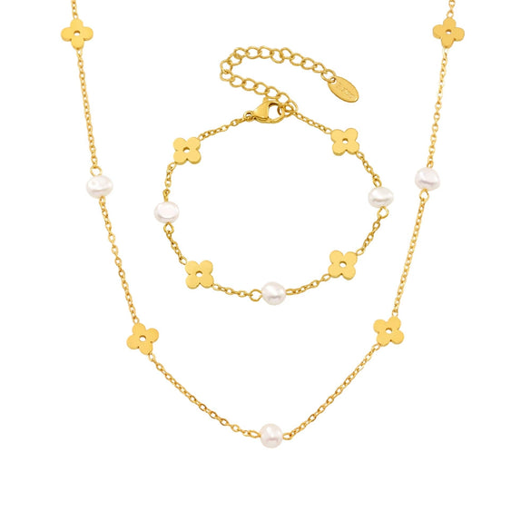 Wholesale Freshwater Pearl And 316L Stainless Steel Flower Chain Necklace And Bracelet With Electroplating Design