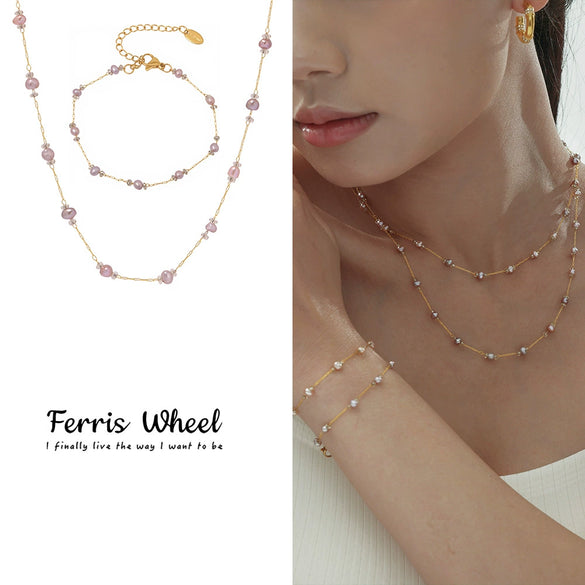 Wholesale Freshwater Pearl And Titanium Steel Electroplated Jewelry Set For Women Ferris Wheel Design Necklace And Bracelet