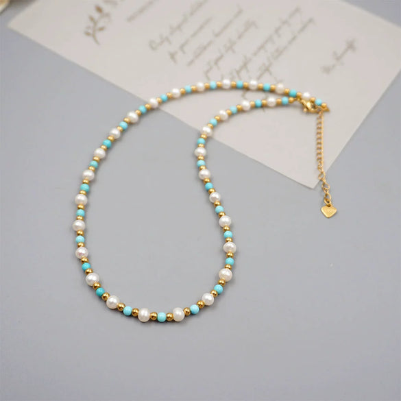 Wholesale Freshwater Pearl And Turquoise Jewelry Set Handmade Retro Geometric Design For Women