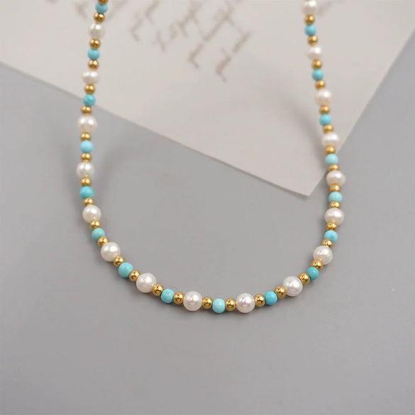 Wholesale Freshwater Pearl And Turquoise Jewelry Set Handmade Retro Geometric Design For Women