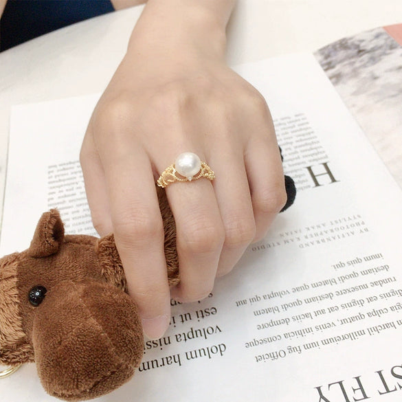 Wholesale Freshwater Pearl Copper Ring With Hollow Pattern And K Gold Craft Retro Style Round Shape For Women