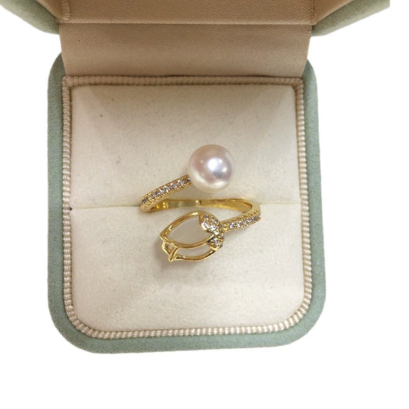 Wholesale Freshwater Pearl Copper Ring With Micropaved Zircon And Tulip Open Design Fashionable For Women