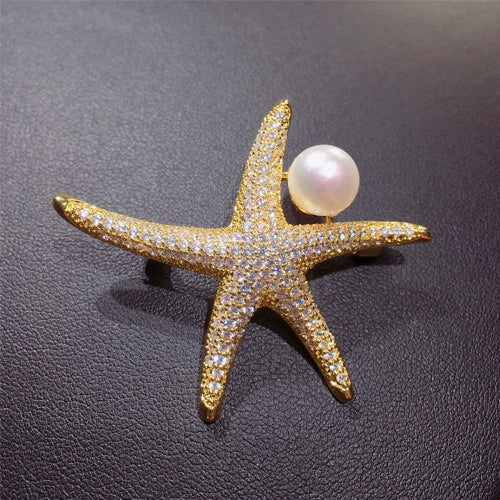 Wholesale Freshwater Pearl Copper Starfish Microinlaid Brooch For Women Fashion Decoration