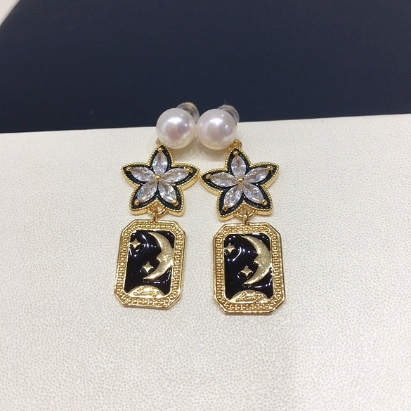 Wholesale Freshwater Pearl Earrings Alloy Inlaid With Artificial And Semiprecious Gemstones Retro Star And Moon Square Feminine Style