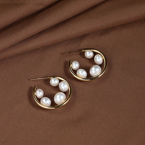 Wholesale Freshwater Pearl Earrings Copper Gold Plated S925 Sterling Silver Unisex Natural Style Flower Circle Design