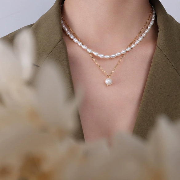 Wholesale Freshwater Pearl Geometric Simple Natural Titanium Steel Electroplated Stacked Necklace For Women
