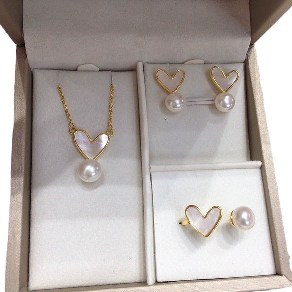 Wholesale Freshwater Pearl Jewelry Set With Heartshaped Natural Sea Shell Mother Of Fritillary Pendant Earrings Ring