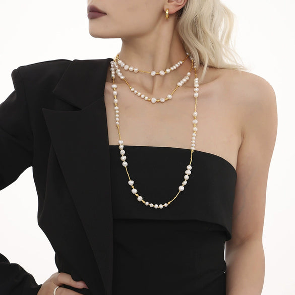 Wholesale Freshwater Pearl Long Stainless Steel Woolen Chain Geometric Light Luxury Clavicle Necklace For Women With Electroplating