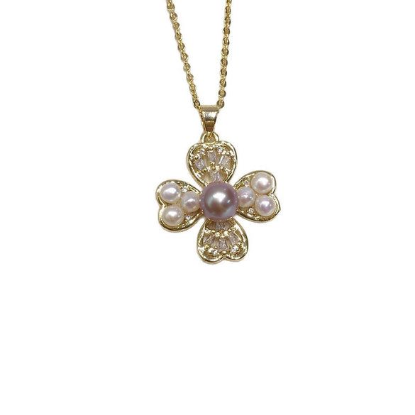 Wholesale Freshwater Pearl Necklace With Copper Accessories And Four Leaf Clover Zircon Pendant Flat Round And Bun Round Pearl Shapes Fashion And Minimalist Style