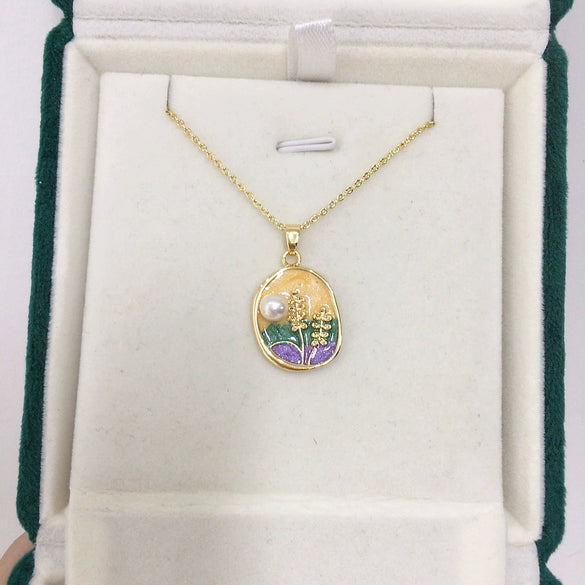 Wholesale Freshwater Pearl Pendant Necklace Vintage Style Oil Painting Pattern Rice And Droplet Shape Copper Accessory