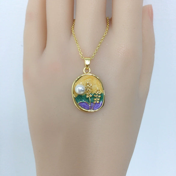 Wholesale Freshwater Pearl Pendant Necklace Vintage Style Oil Painting Pattern Rice And Droplet Shape Copper Accessory