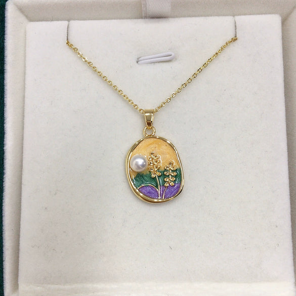 Wholesale Freshwater Pearl Pendant Necklace Vintage Style Oil Painting Pattern Rice And Droplet Shape Copper Accessory