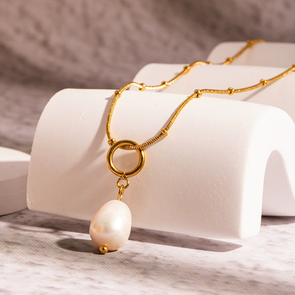 Wholesale Freshwater Pearl Pendant Necklace With Simple Natural Style Stainless Steel Collarbone Chain And Vacuum Real Gold Electroplating In Pvd Furnace Geometric Design
