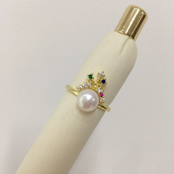 Wholesale Freshwater Pearl Ring Copper 18K Gold Plated Oblate And Round Castle Design