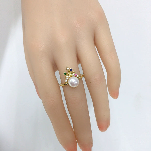 Wholesale Freshwater Pearl Ring Copper 18K Gold Plated Oblate And Round Castle Design