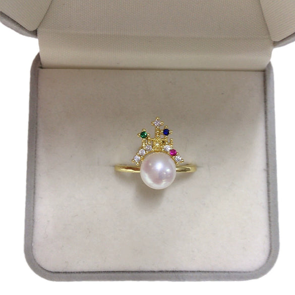 Wholesale Freshwater Pearl Ring Copper 18K Gold Plated Oblate And Round Castle Design