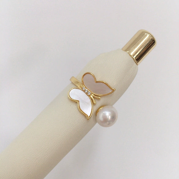 Wholesale Freshwater Pearl Ring Copper 18K Real Gold Electroplating Oblate Treated Round Natural Sea Bebe Mother Butterfly Style