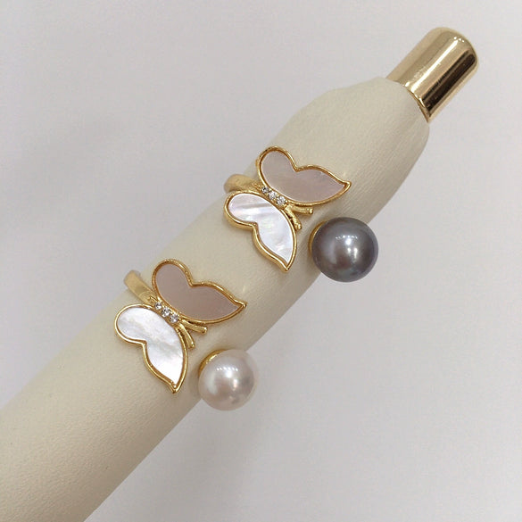 Wholesale Freshwater Pearl Ring Copper 18K Real Gold Electroplating Oblate Treated Round Natural Sea Bebe Mother Butterfly Style