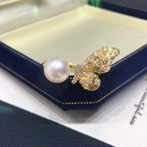 Wholesale Freshwater Pearl Ring Copper Retro Halfwinged Butterfly Style For Women