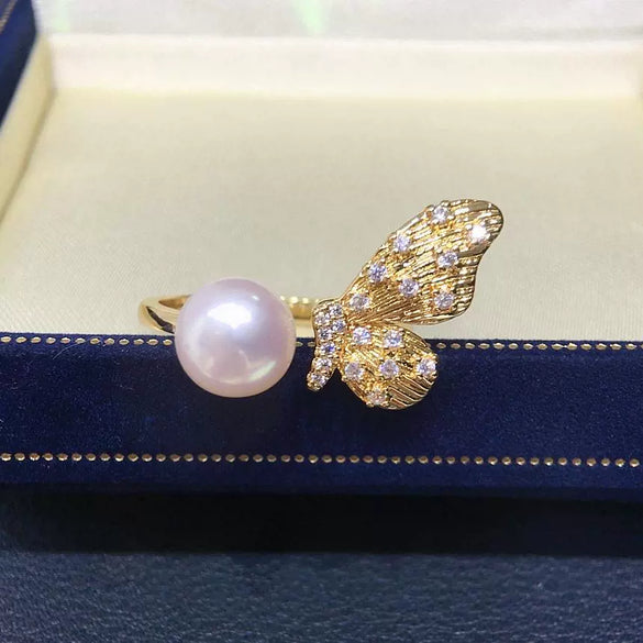 Wholesale Freshwater Pearl Ring Copper Retro Halfwinged Butterfly Style For Women