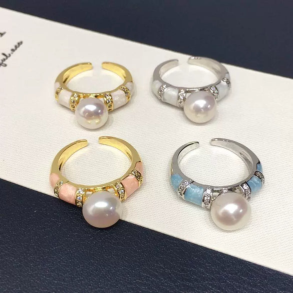 Wholesale Freshwater Pearl Ring Copper Retro Highend French Enamel Open Ring For Women With Flat Round And Bun Round Pearls