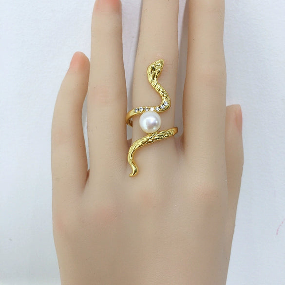 Wholesale Freshwater Pearl Ring Punk Style Copper 18K Gold Electroplated Open Exaggerated Snake Ring For Women