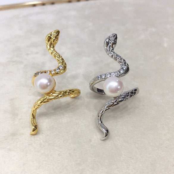 Wholesale Freshwater Pearl Ring Punk Style Copper 18K Gold Electroplated Open Exaggerated Snake Ring For Women